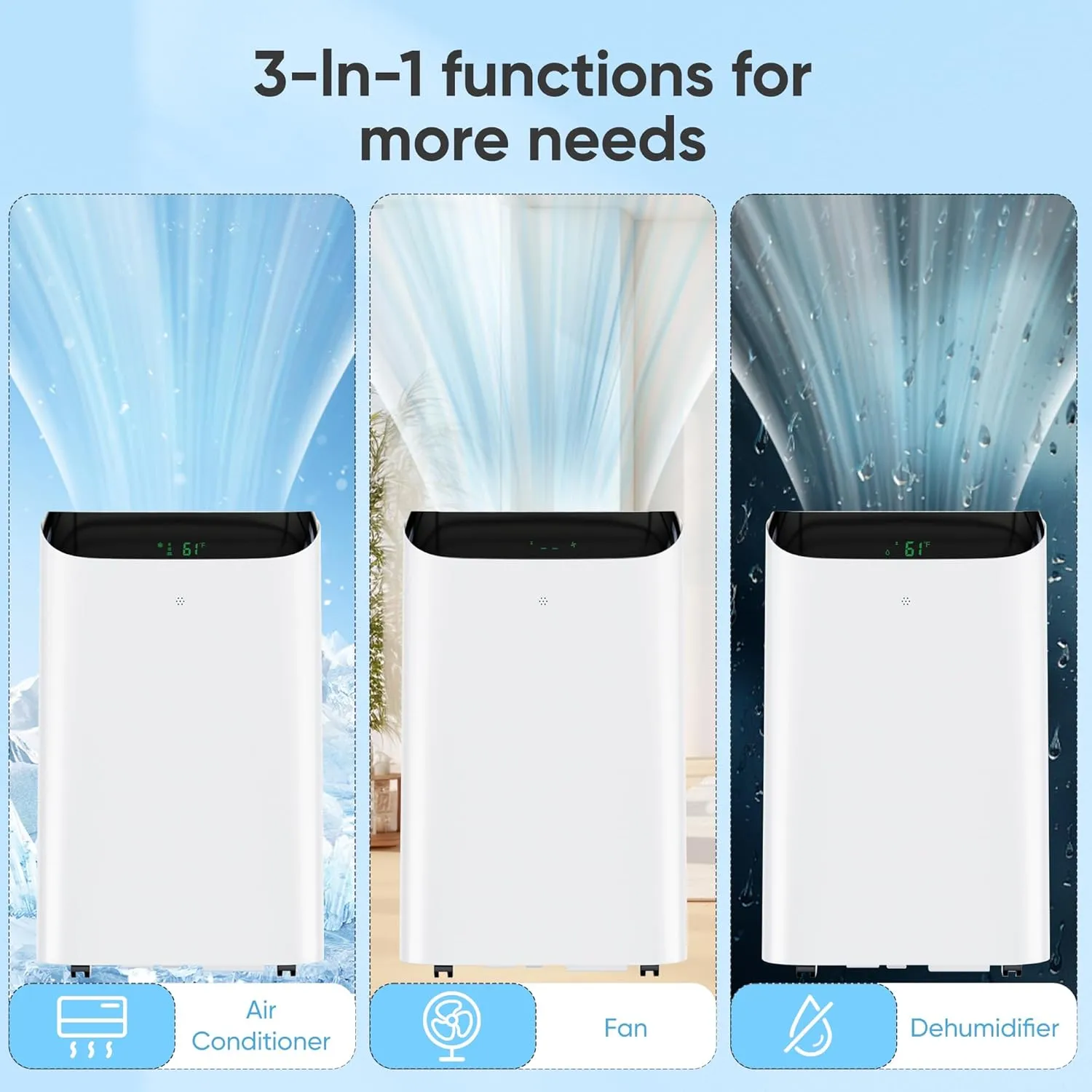 12,000 BTU Portable Air Conditioner Cools Up to 500 Sq.Ft, 3-IN-1 Energy Efficient Portable AC Unit with Remote Control & Installation Kits for Large Room, Campervan, Office, Temporary Space
