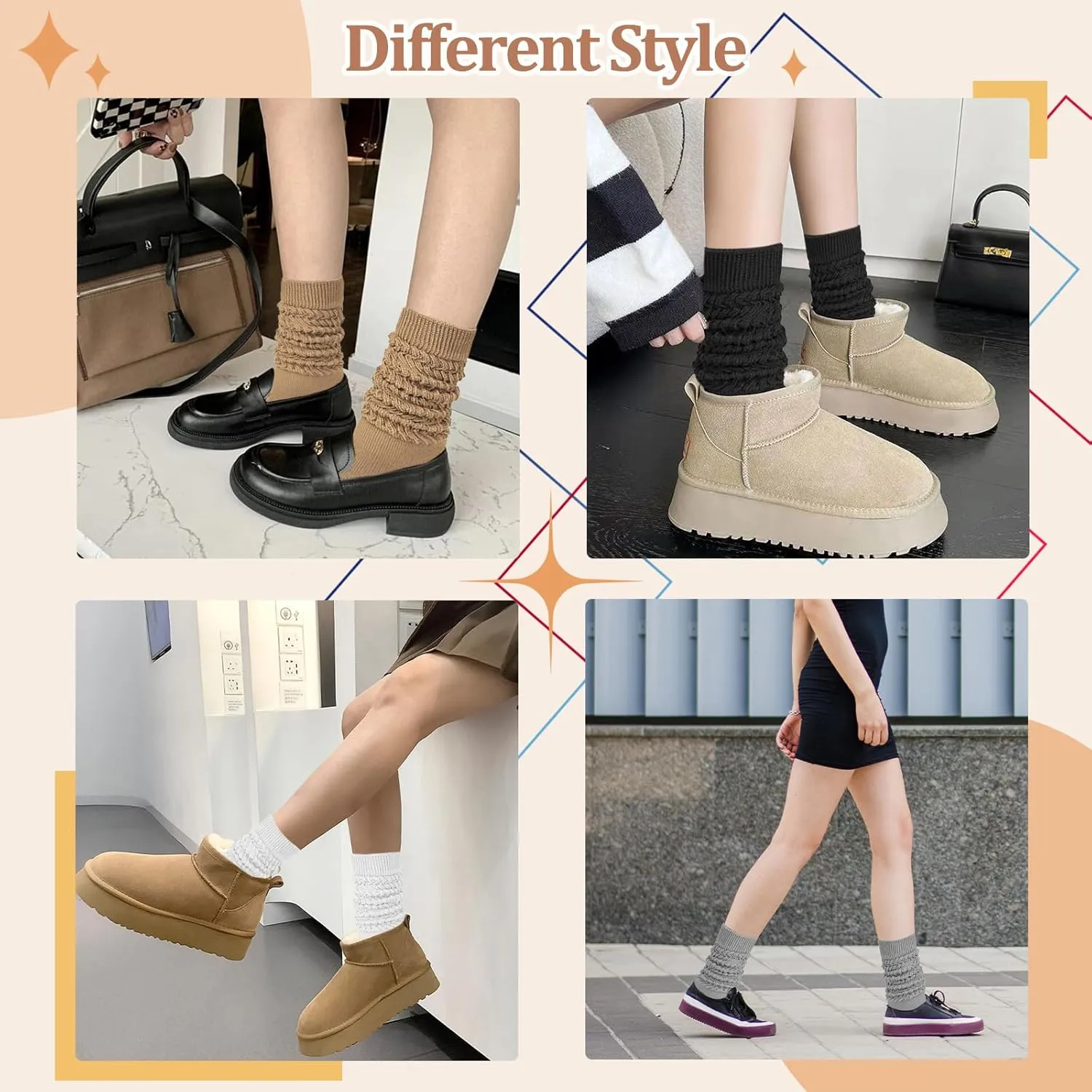6 Pairs Slouch Socks for Women Extra Long Knee High Scrunch Slouchy Socks Soft Boot Stacked Socks for Women Girls