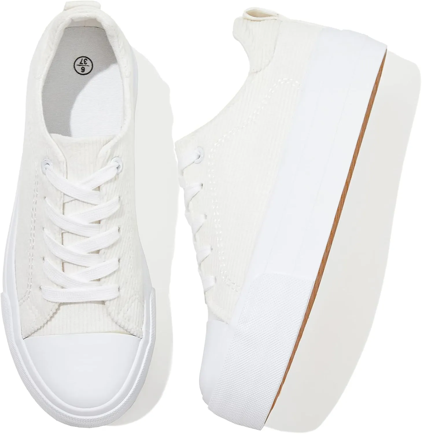 Adokoo Women's Platform Sneakers Corduroy White Sneakers Shoes for Women Black Low Top Lace Up Casual Fashion Walking Shoes