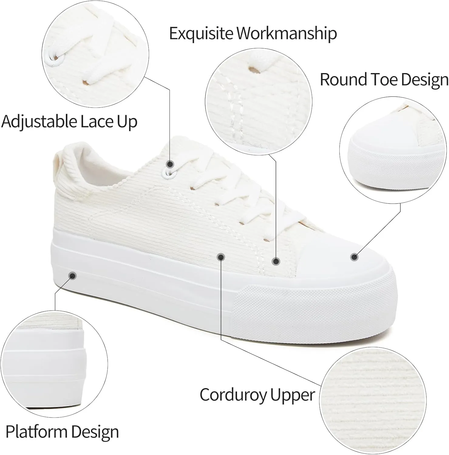 Adokoo Women's Platform Sneakers Corduroy White Sneakers Shoes for Women Black Low Top Lace Up Casual Fashion Walking Shoes