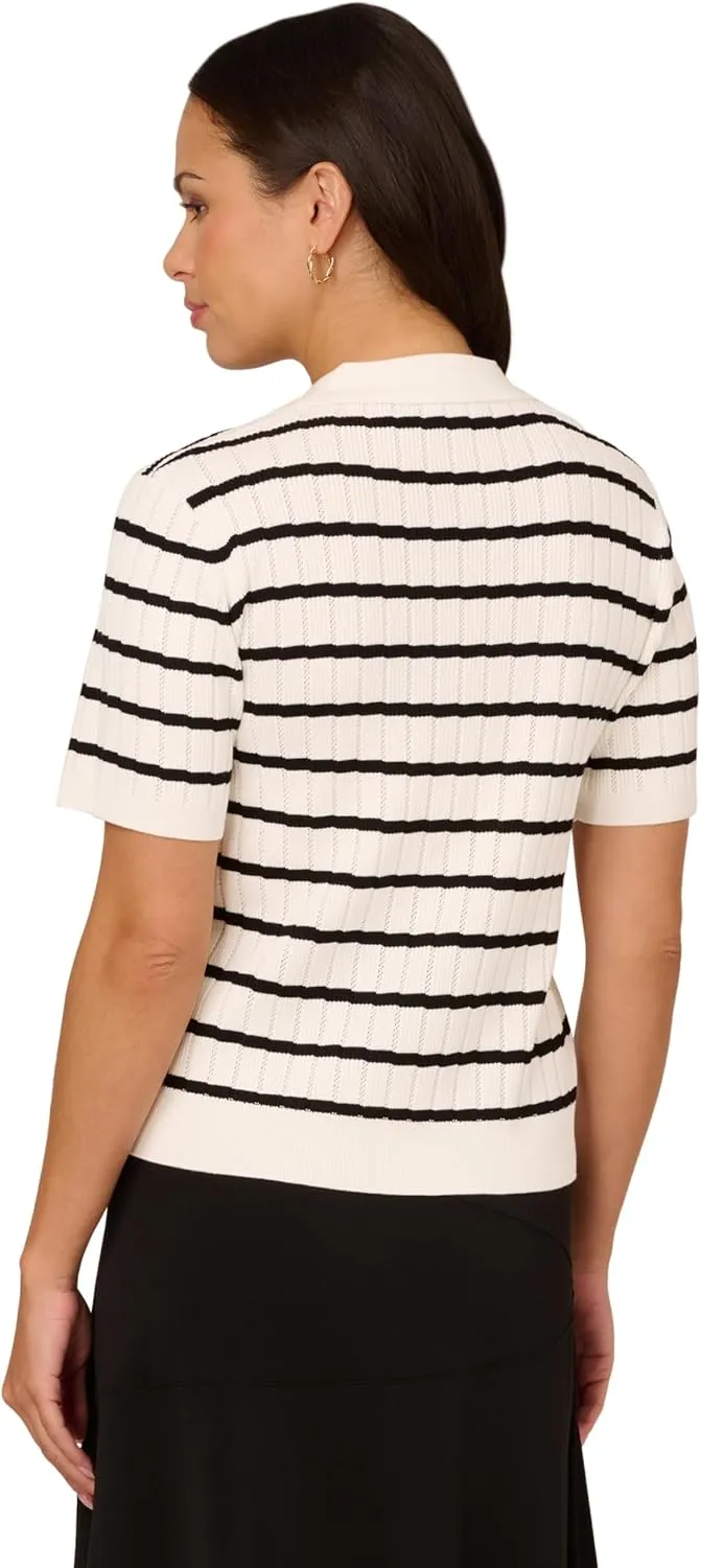 Adrianna Papell Women's Pointelle Short Sleeve Polo Striped V-Placket Sweater