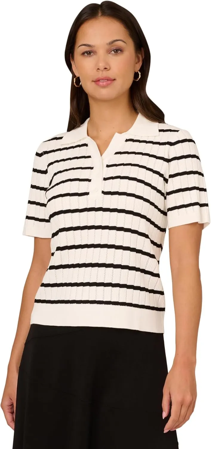 Adrianna Papell Women's Pointelle Short Sleeve Polo Striped V-Placket Sweater