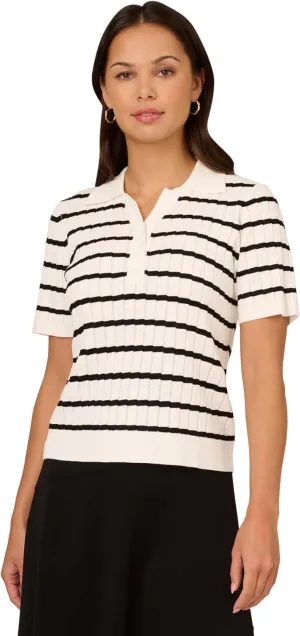Adrianna Papell Women's Pointelle Short Sleeve Polo Striped V-Placket Sweater