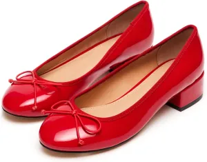 Adrizzlein Ballet Flats Shoes for Women Bowknot Round Toe Slip On Flats Pumps Comfort Chunky Low Heel Dress Shoes