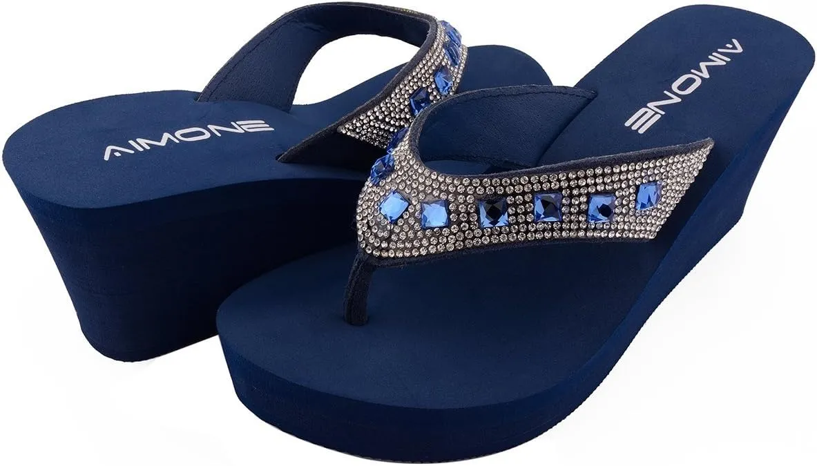 AIMONE-Larissa Sparkle Flip Flops for Women Navy Blue Wedge Sandals Rhinestone Beach Wedding Shoes