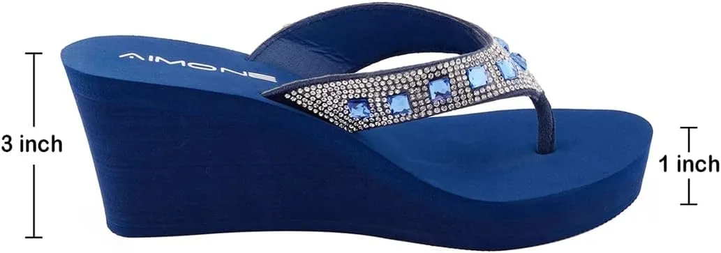 AIMONE-Larissa Sparkle Flip Flops for Women Navy Blue Wedge Sandals Rhinestone Beach Wedding Shoes