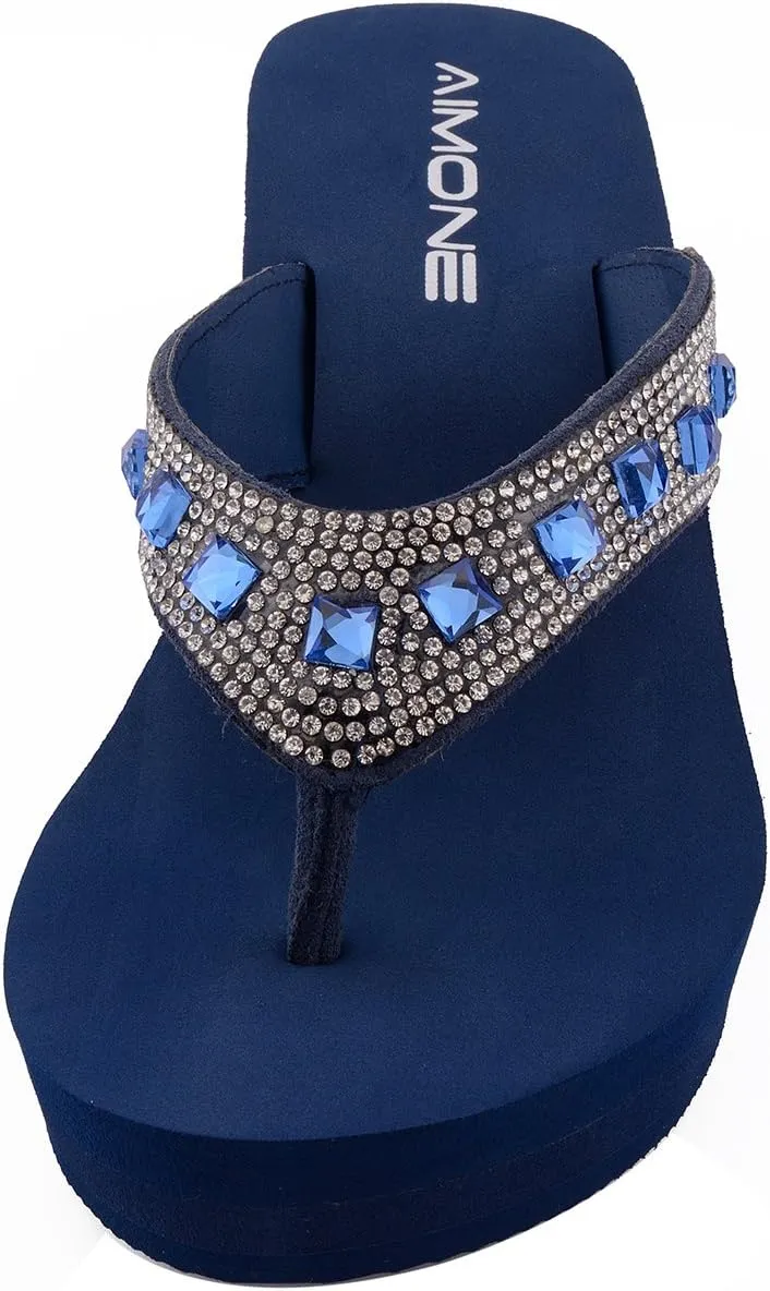 AIMONE-Larissa Sparkle Flip Flops for Women Navy Blue Wedge Sandals Rhinestone Beach Wedding Shoes