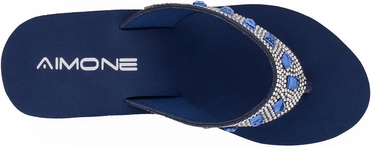 AIMONE-Larissa Sparkle Flip Flops for Women Navy Blue Wedge Sandals Rhinestone Beach Wedding Shoes
