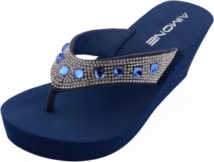 AIMONE-Larissa Sparkle Flip Flops for Women Navy Blue Wedge Sandals Rhinestone Beach Wedding Shoes