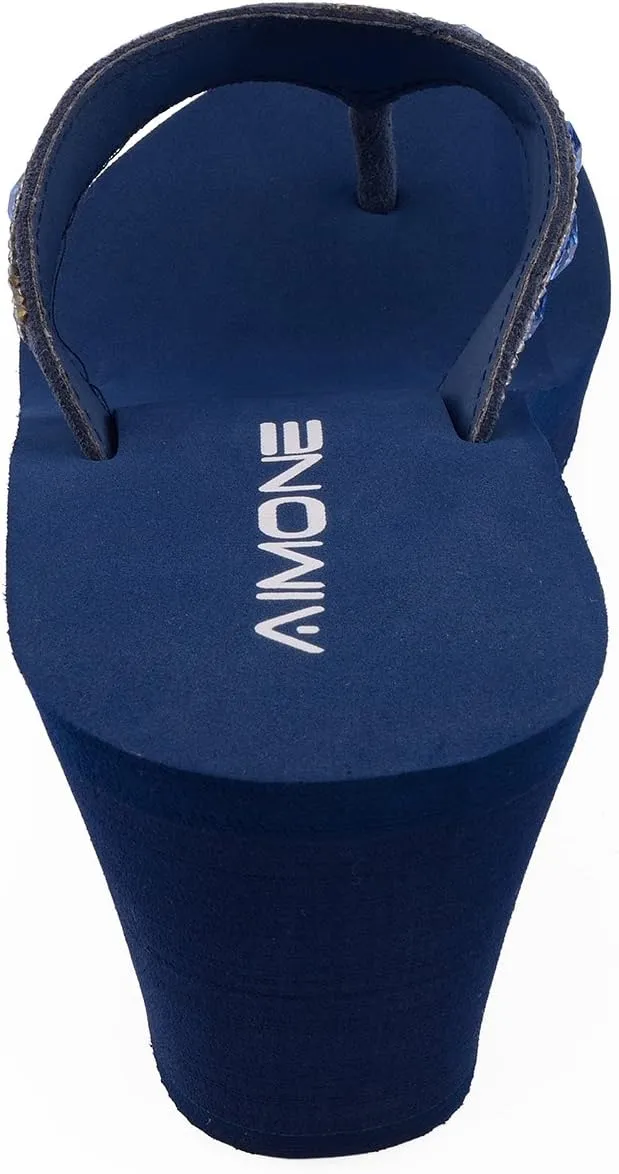 AIMONE-Larissa Sparkle Flip Flops for Women Navy Blue Wedge Sandals Rhinestone Beach Wedding Shoes