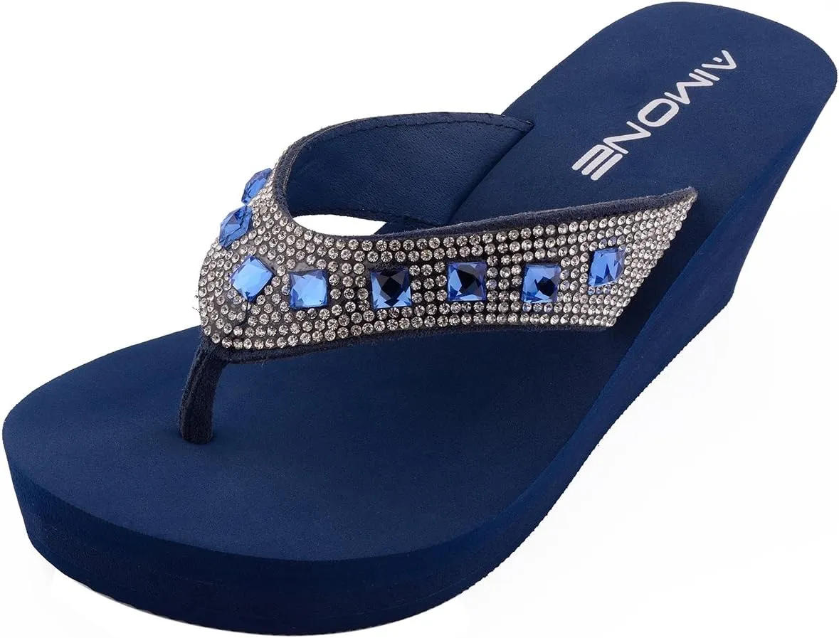 AIMONE-Larissa Sparkle Flip Flops for Women Navy Blue Wedge Sandals Rhinestone Beach Wedding Shoes