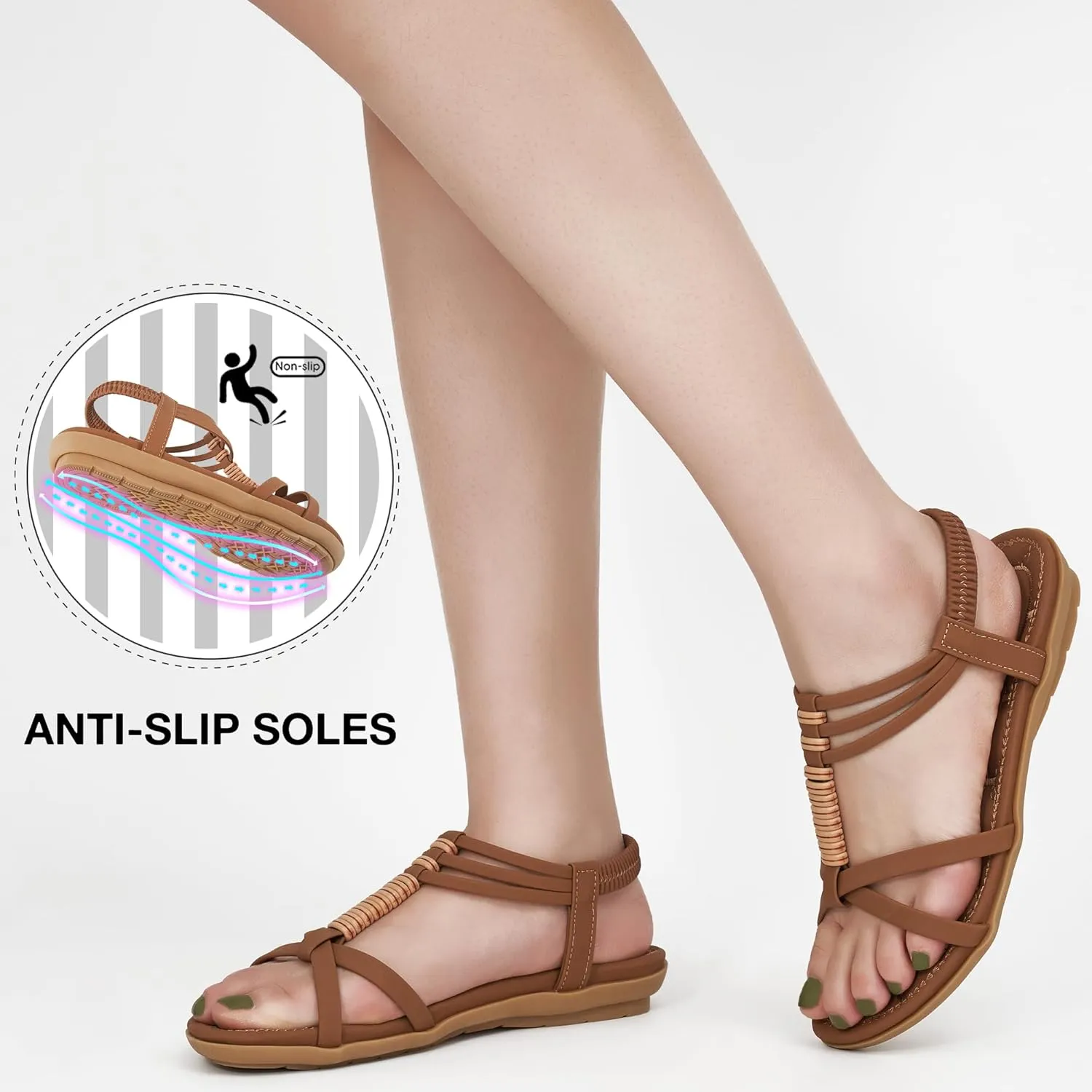 Alicegana Womens Sandals Summer Dressy Gladiator Flat Comfortable Walking Shoes Non Slip Casual Beach Ladies Sandal