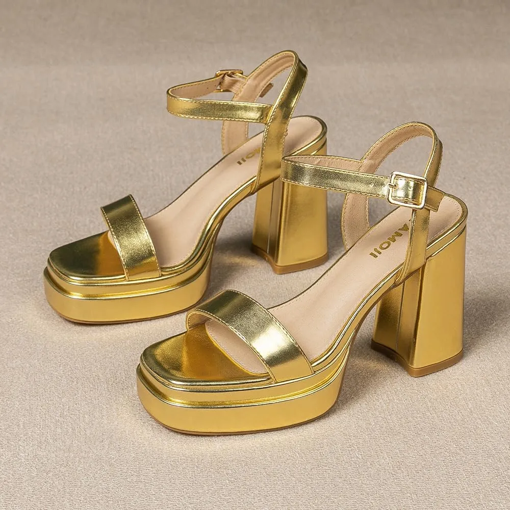Amoji Women's 4 Inch Platform Chunky Heel Ankle Strap Block Heeled Sandals 311