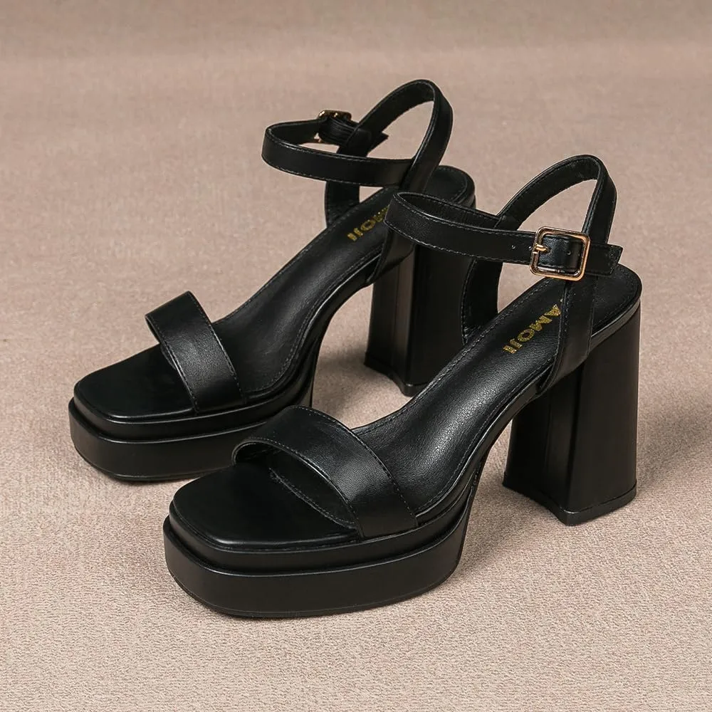 Amoji Women's 4 Inch Platform Chunky Heel Ankle Strap Block Heeled Sandals 311