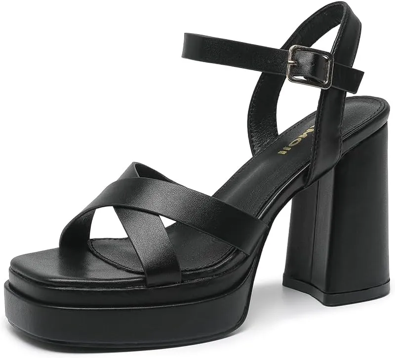 Amoji Women's 4 Inch Platform Chunky Heel Cross Straps Block Y2K Heeled Sandals 312