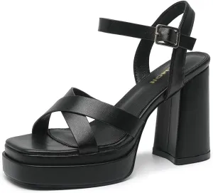 Amoji Women's 4 Inch Platform Chunky Heel Cross Straps Block Y2K Heeled Sandals 312