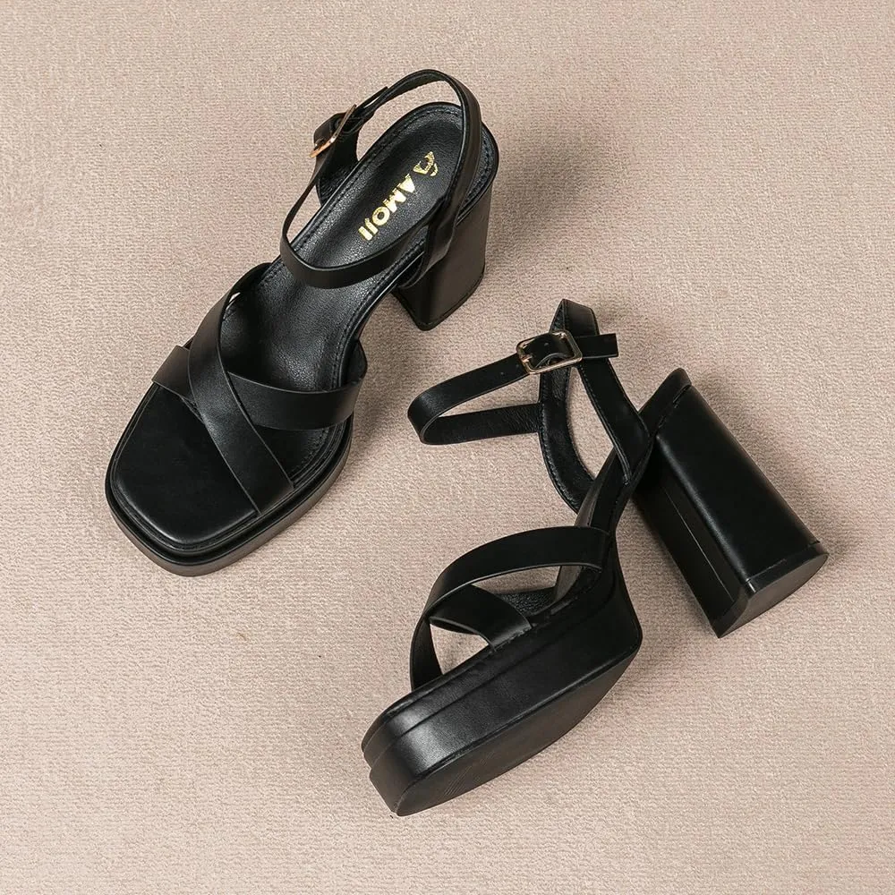 Amoji Women's 4 Inch Platform Chunky Heel Cross Straps Block Y2K Heeled Sandals 312