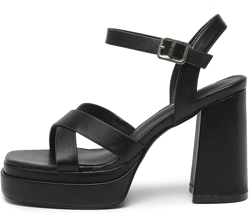 Amoji Women's 4 Inch Platform Chunky Heel Cross Straps Block Y2K Heeled Sandals 312