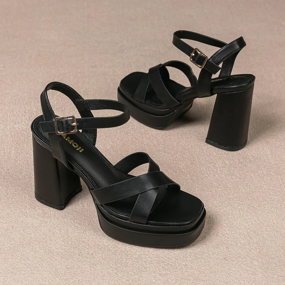 Amoji Women's 4 Inch Platform Chunky Heel Cross Straps Block Y2K Heeled Sandals 312
