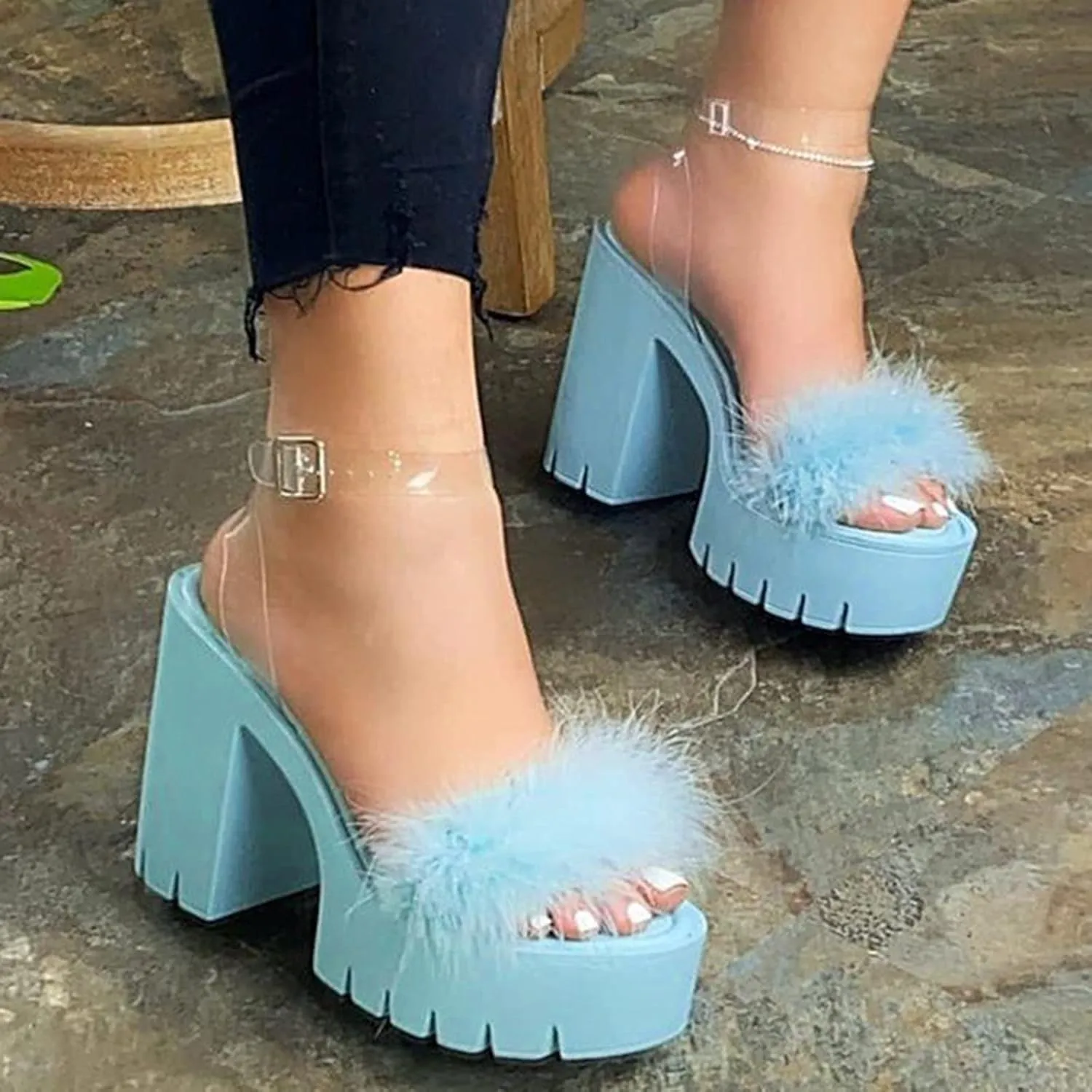 Aniywn Women's Chunky Heel Platform High Heels Shoes Sandals Clear Strappy Open Peep Toe Sandal