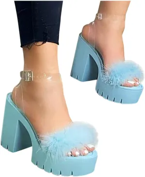 Aniywn Women's Chunky Heel Platform High Heels Shoes Sandals Clear Strappy Open Peep Toe Sandal