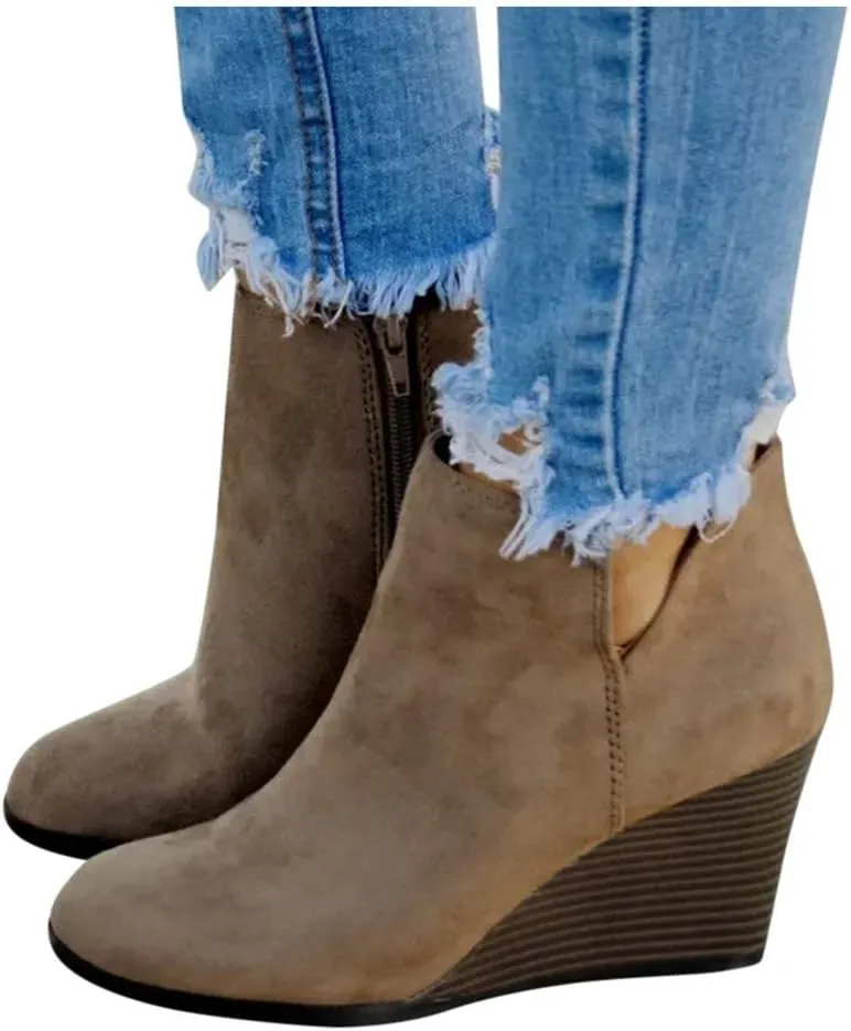 Ankle Booties for Women V Cut,Women's Wedges Ankle Boots Retro Cutout Comfy Short Boots Stacked Chunky Block Heels Shoes