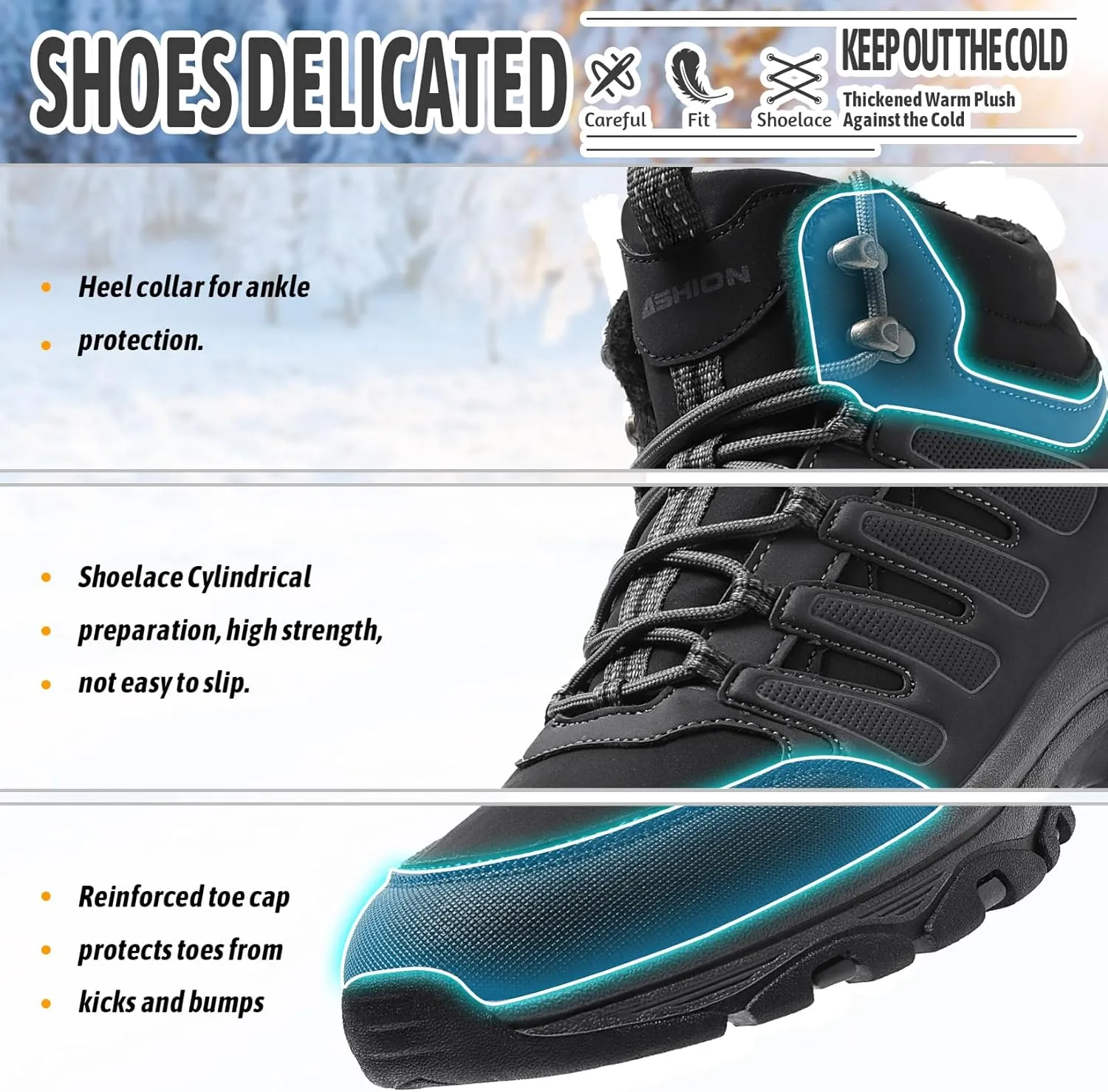 ASHION Mens Snow Boots Barefoot Winter Shoes Hiking Footwear Fur Lined Warm Ankle Boots Zero Drop Sole Comfortable Outdoor Walking Shoes Booties