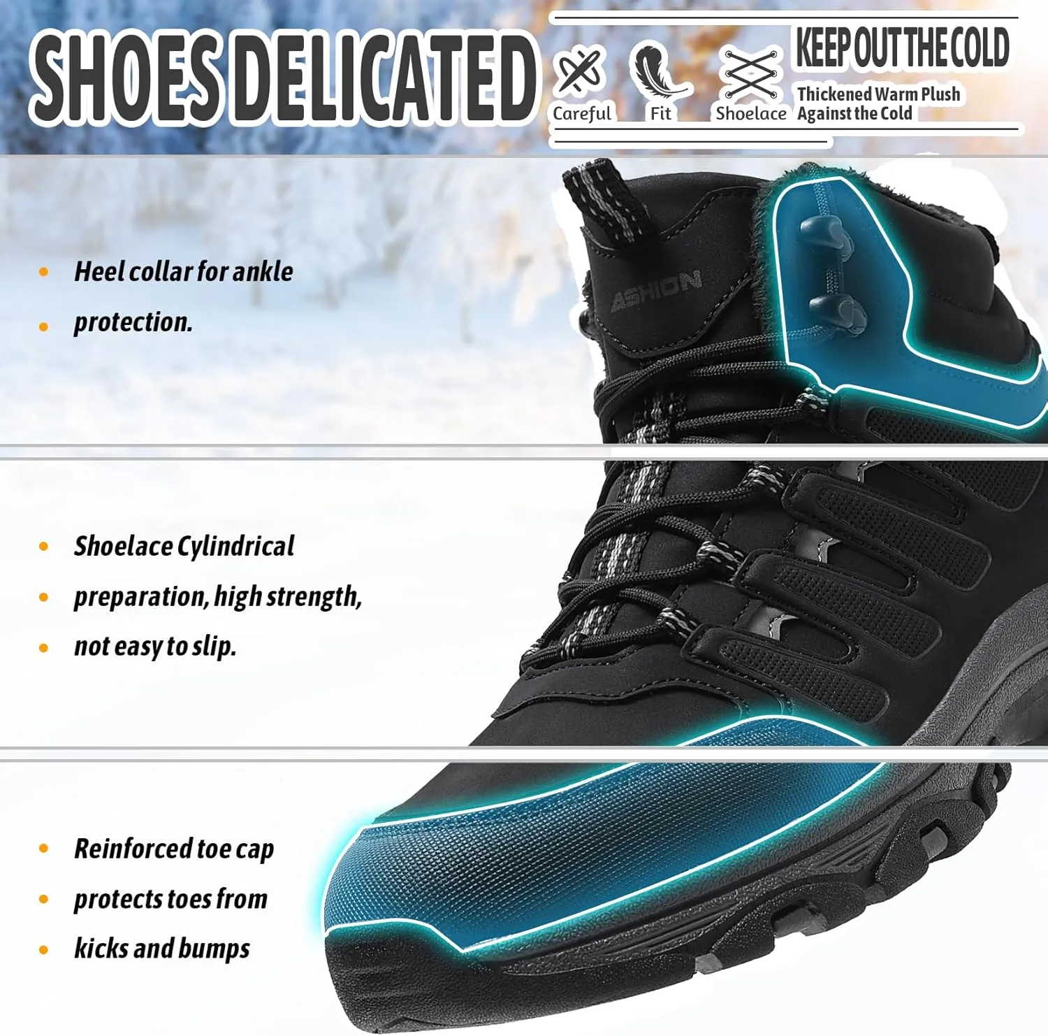 ASHION Mens Snow Boots Barefoot Winter Shoes Hiking Footwear Fur Lined Warm Ankle Boots Zero Drop Sole Comfortable Outdoor Walking Shoes Booties