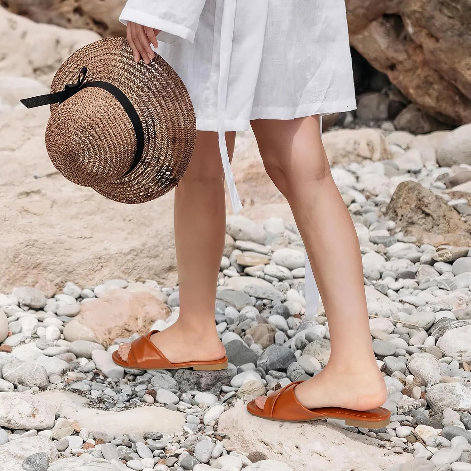 ATHMILE Sandals Women Dressy Summer Flat Comfortable Fashion Beach Cute Ladies Slides Leather Casual Dress Women's Sandals 2025 Size 6-11
