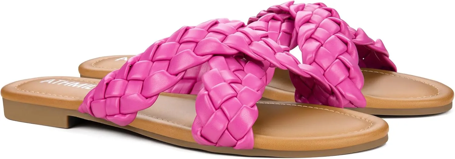 ATHMILE Women's Flat Sandals Crossover Braided Sandals for Women Fashion Round Open Toe Slip On Slide for Dressy Summer