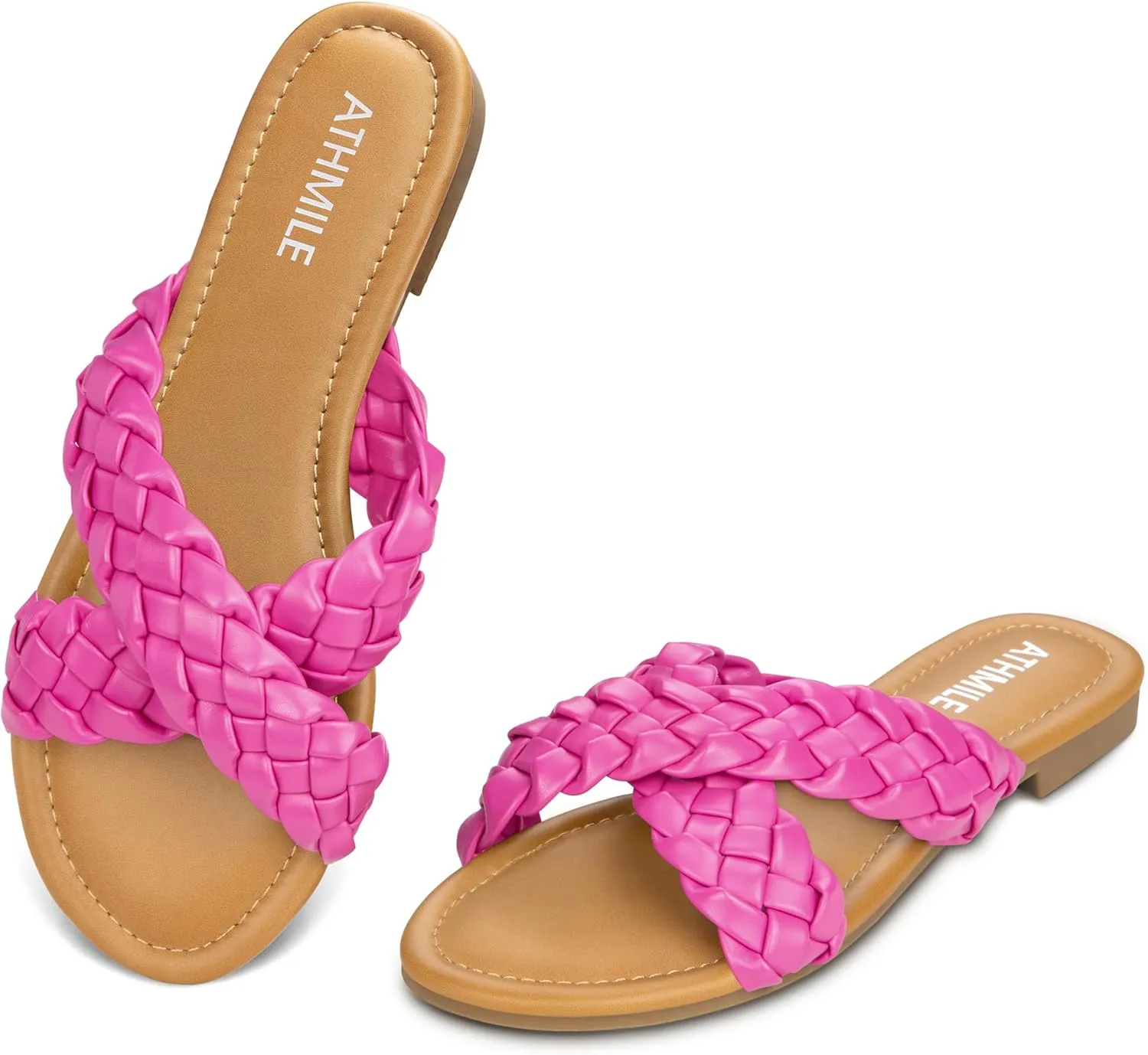 ATHMILE Women's Flat Sandals Crossover Braided Sandals for Women Fashion Round Open Toe Slip On Slide for Dressy Summer