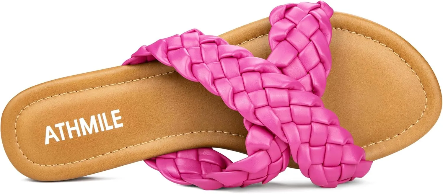 ATHMILE Women's Flat Sandals Crossover Braided Sandals for Women Fashion Round Open Toe Slip On Slide for Dressy Summer