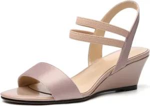 AUMOTED Women Wedge Sandals Peep Open Toe Mid Low Heel Slip-on Slingback Double Elastic Band Heeled Dress Summer Shoes 2 Inch