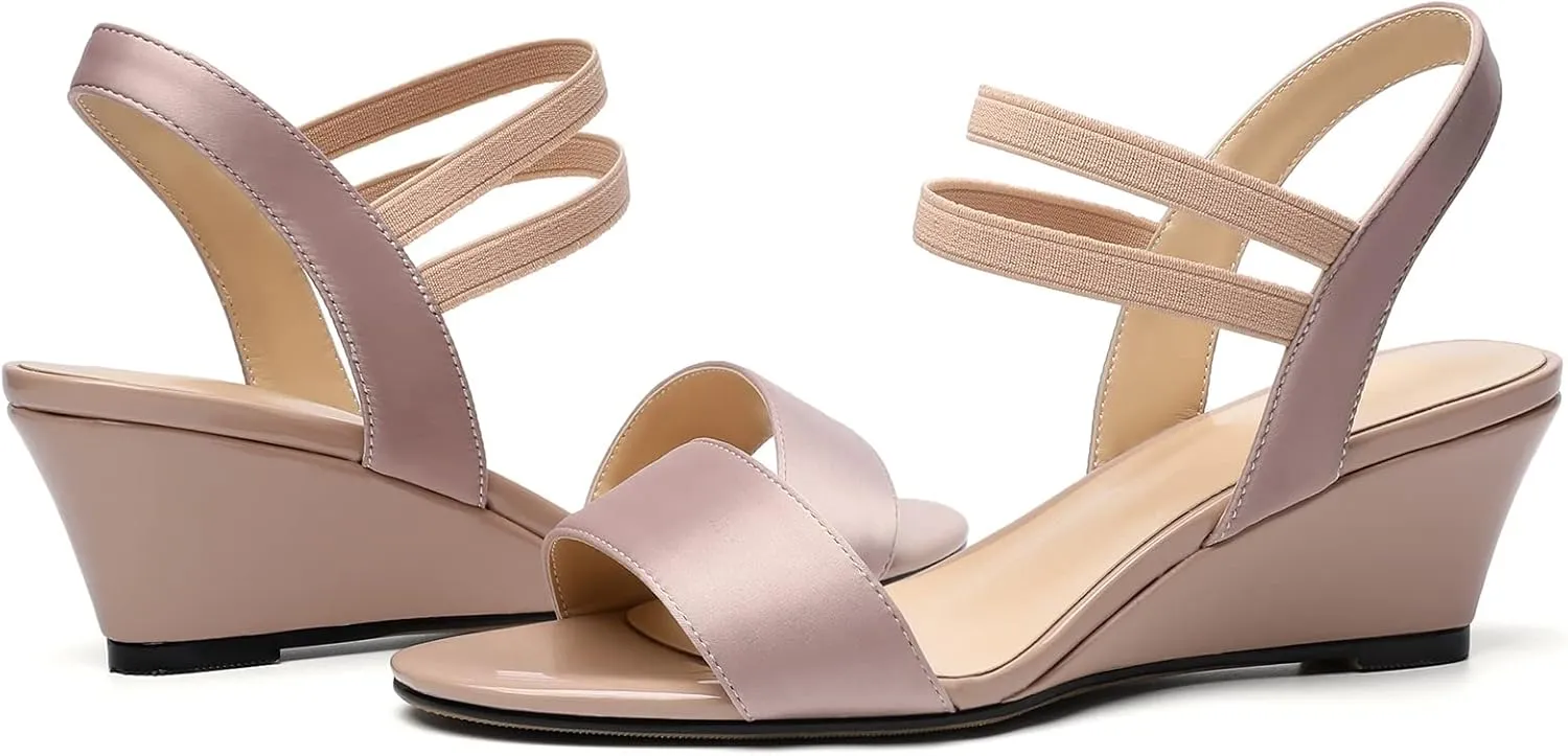 AUMOTED Women Wedge Sandals Peep Open Toe Mid Low Heel Slip-on Slingback Double Elastic Band Heeled Dress Summer Shoes 2 Inch