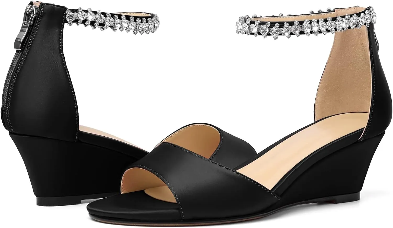 AUMOTED Women Wedge Sandals Peep Open Toe Mid Low Heel Slip-on Slingback Double Elastic Band Heeled Dress Summer Shoes 2 Inch
