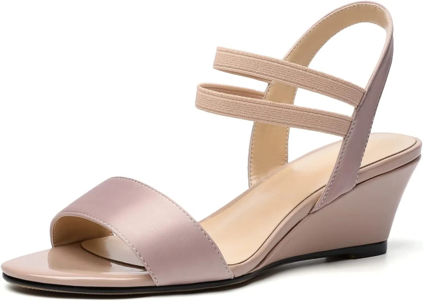 AUMOTED Women Wedge Sandals Peep Open Toe Mid Low Heel Slip-on Slingback Double Elastic Band Heeled Dress Summer Shoes 2 Inch
