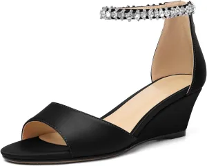 AUMOTED Women Wedge Sandals Peep Open Toe Mid Low Heel Slip-on Slingback Double Elastic Band Heeled Dress Summer Shoes 2 Inch