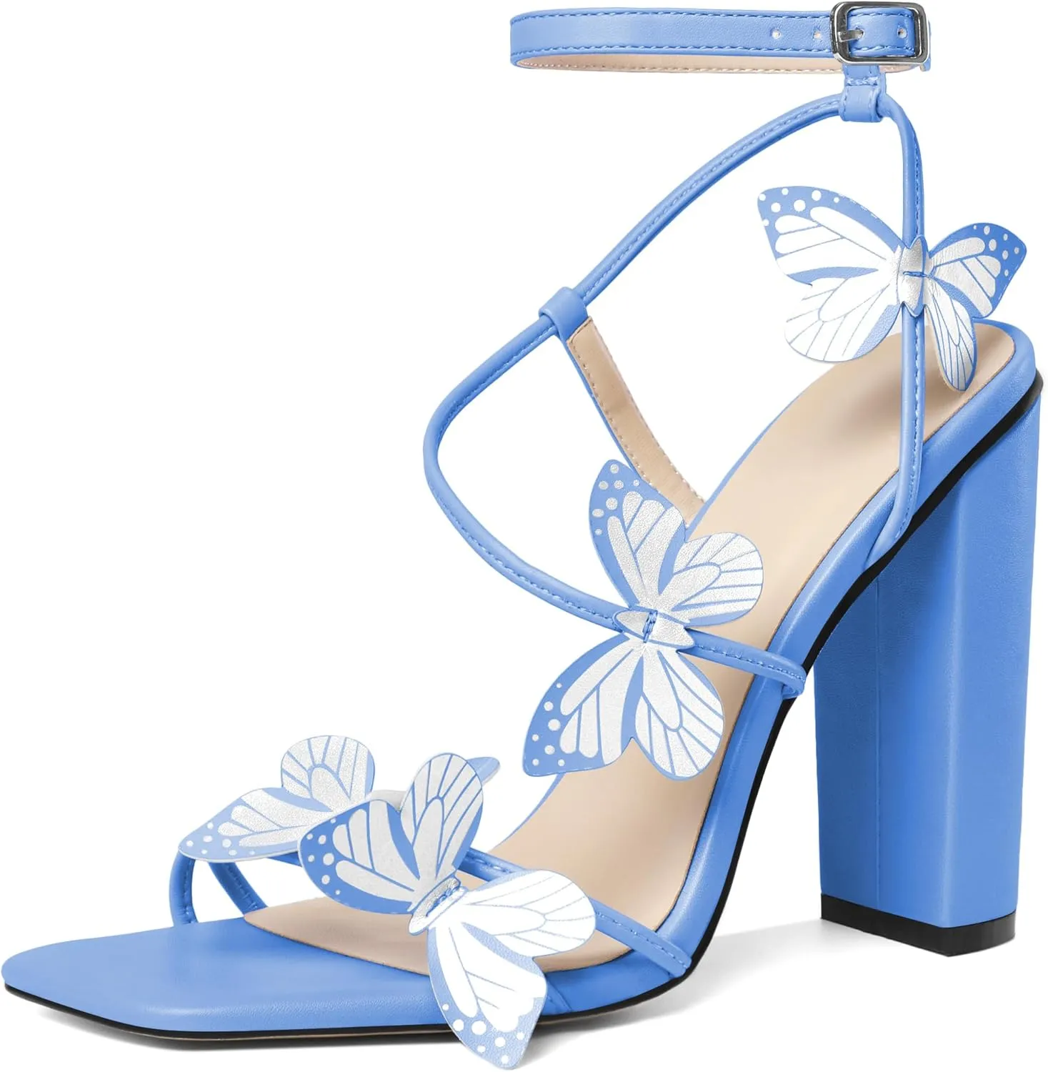 AUMOTED Womens Sandals Chunky Block High Heels Butterfly Wings Heeled Sandals Strappy Open Square Toe Summer Dress Shoes 4 Inch