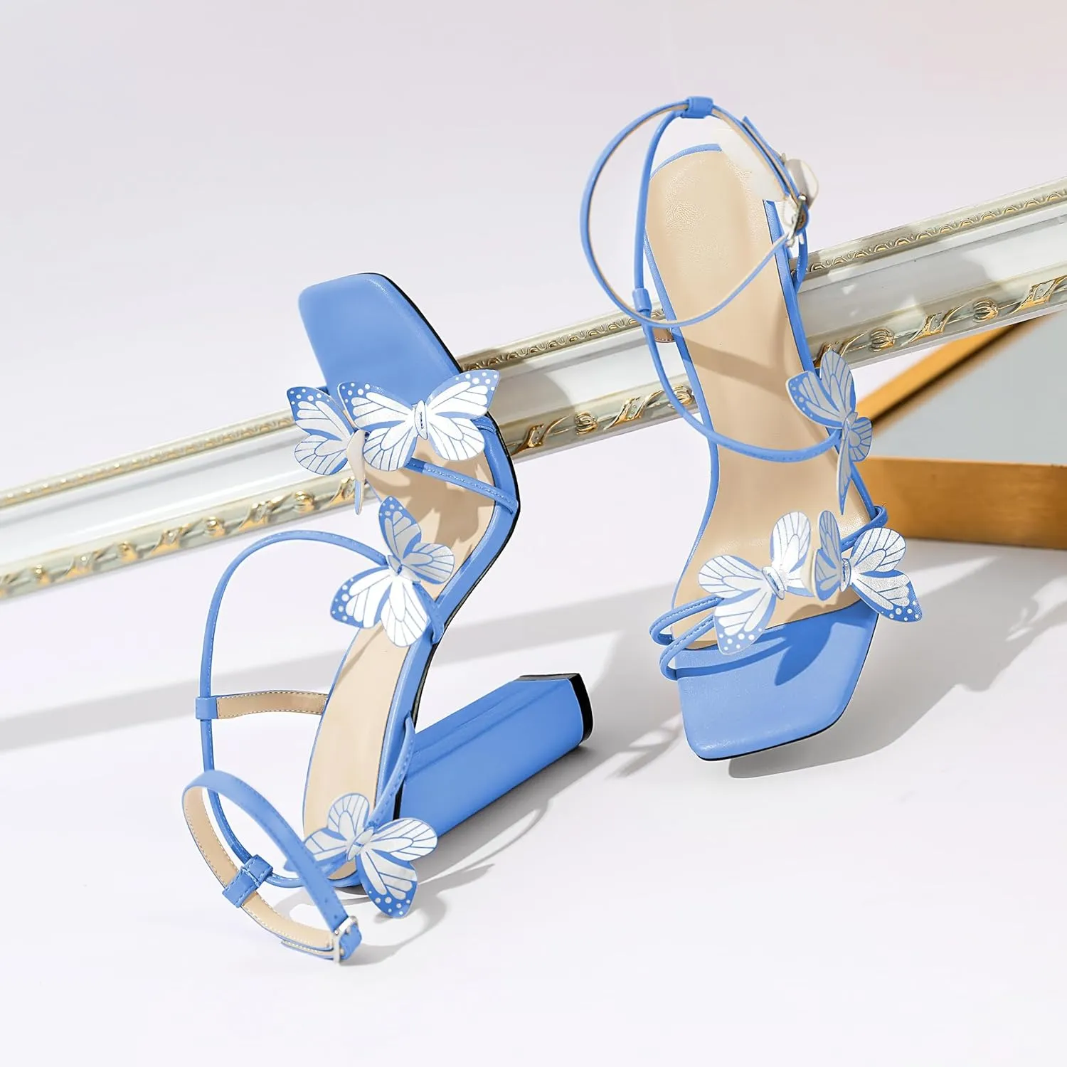 AUMOTED Womens Sandals Chunky Block High Heels Butterfly Wings Heeled Sandals Strappy Open Square Toe Summer Dress Shoes 4 Inch