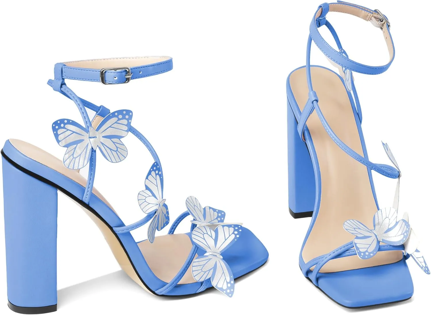 AUMOTED Womens Sandals Chunky Block High Heels Butterfly Wings Heeled Sandals Strappy Open Square Toe Summer Dress Shoes 4 Inch