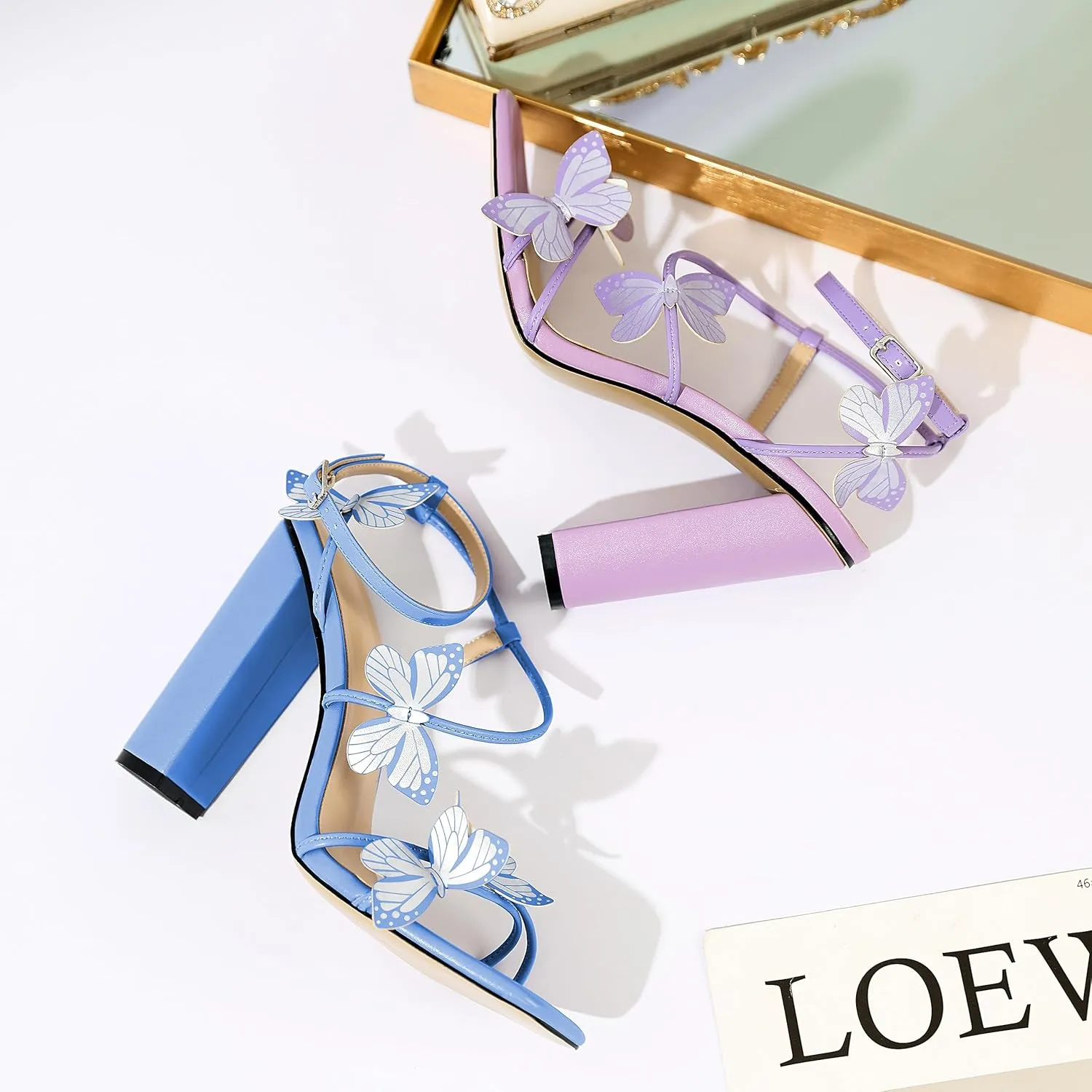AUMOTED Womens Sandals Chunky Block High Heels Butterfly Wings Heeled Sandals Strappy Open Square Toe Summer Dress Shoes 4 Inch