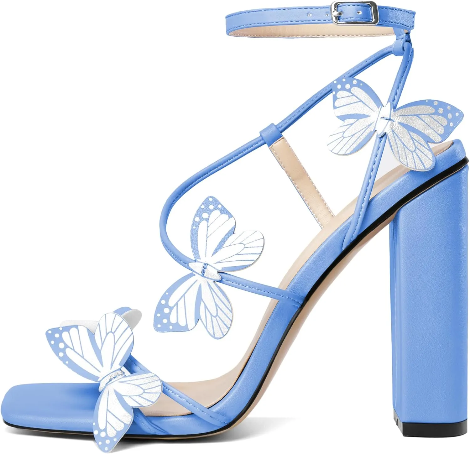 AUMOTED Womens Sandals Chunky Block High Heels Butterfly Wings Heeled Sandals Strappy Open Square Toe Summer Dress Shoes 4 Inch