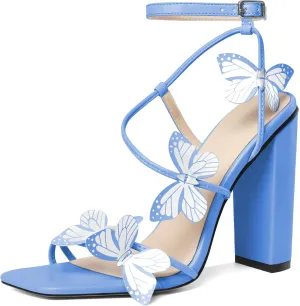 AUMOTED Womens Sandals Chunky Block High Heels Butterfly Wings Heeled Sandals Strappy Open Square Toe Summer Dress Shoes 4 Inch