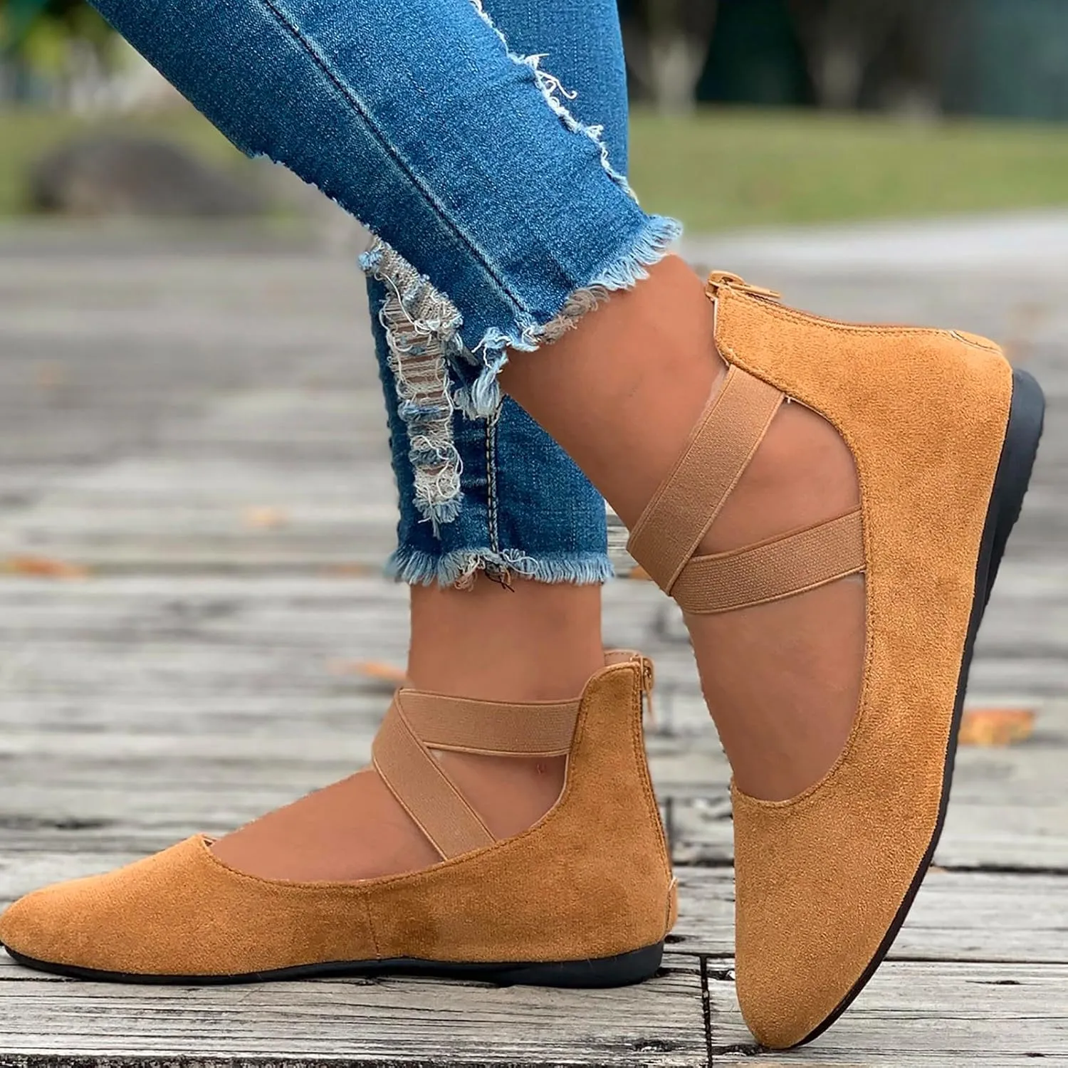 Ballet Flats Shoes for Women with Strap Comfortable Criss-Cross Elastic Ankle Straps Flats Shoes Round Toe Slip on Dress Flat Shoes