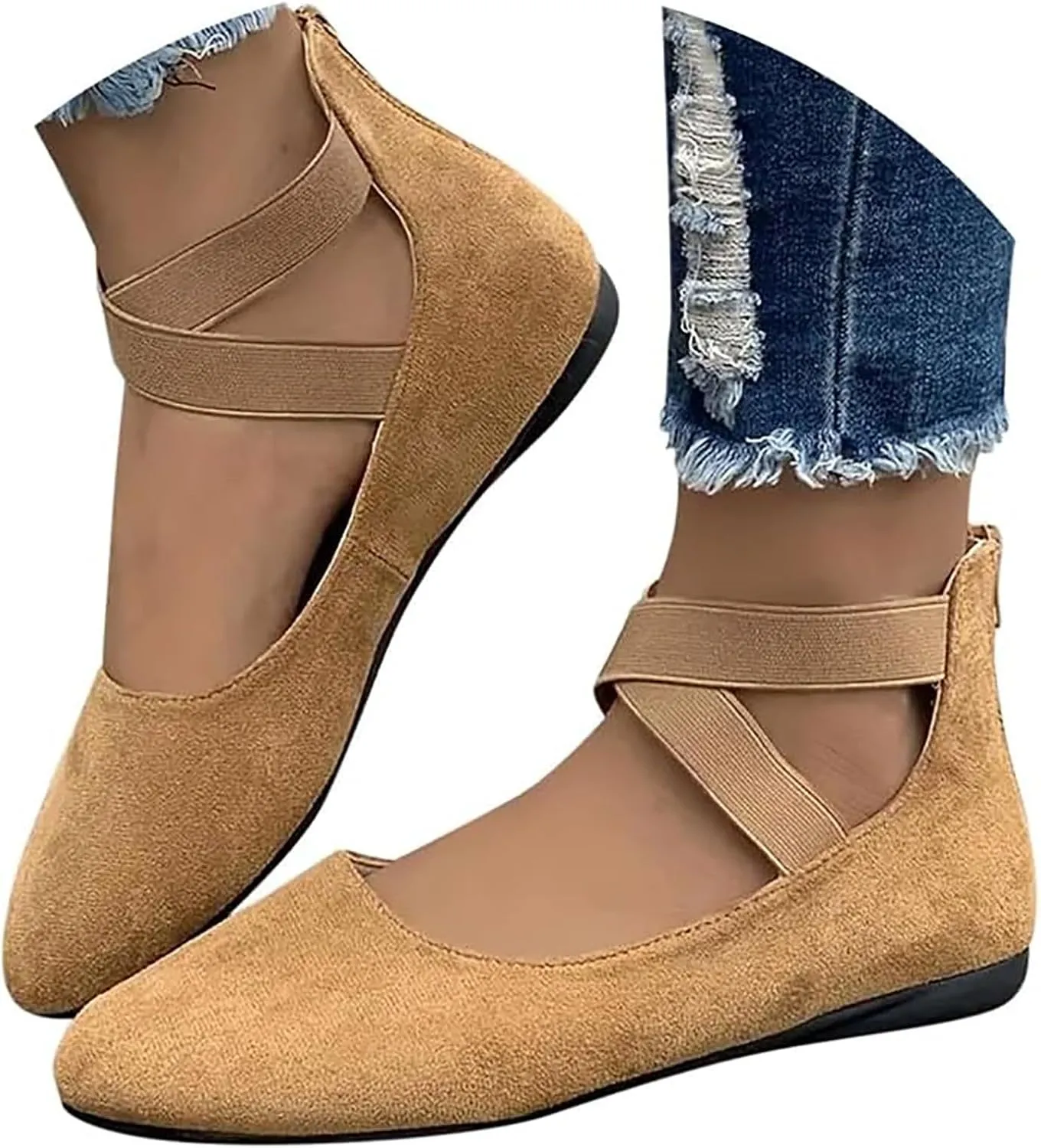 Ballet Flats Shoes for Women with Strap Comfortable Criss-Cross Elastic Ankle Straps Flats Shoes Round Toe Slip on Dress Flat Shoes