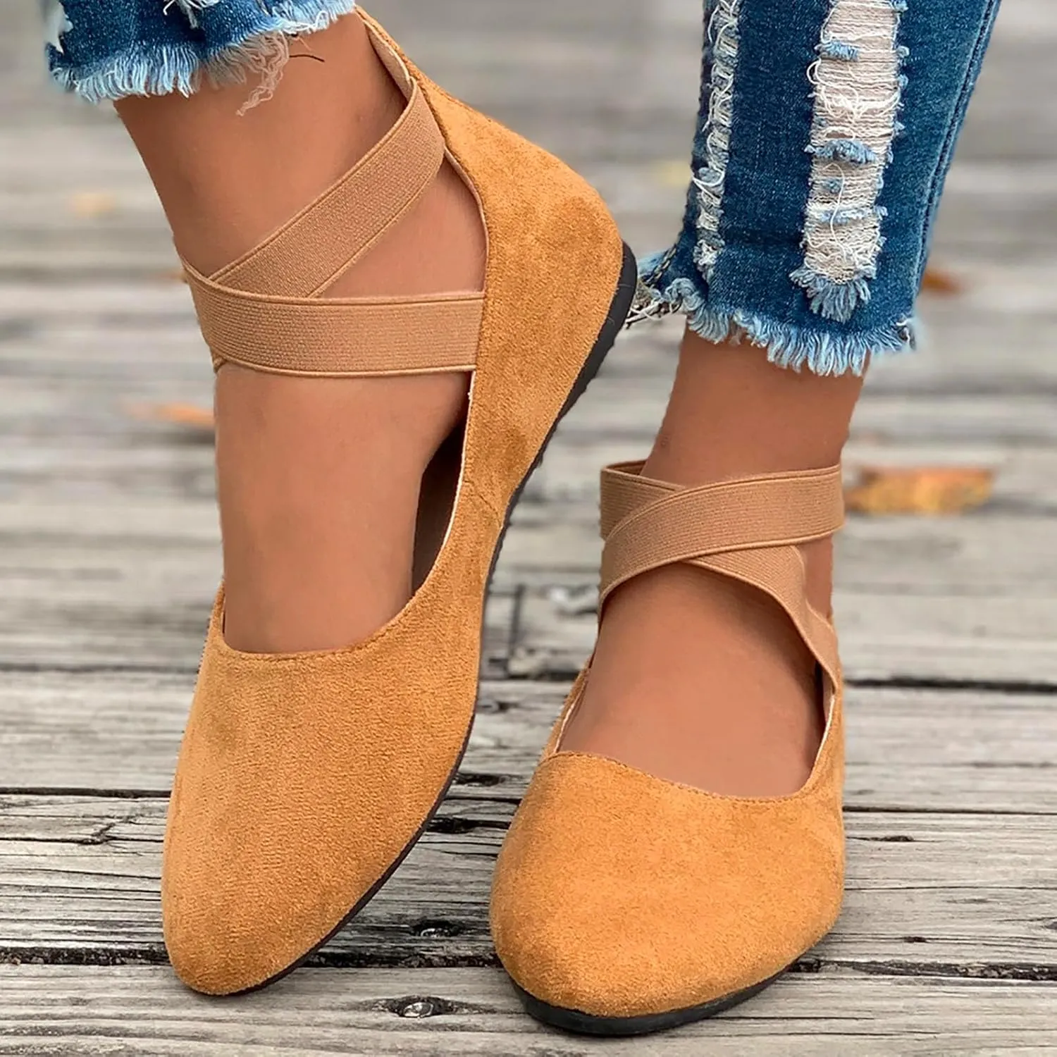 Ballet Flats Shoes for Women with Strap Comfortable Criss-Cross Elastic Ankle Straps Flats Shoes Round Toe Slip on Dress Flat Shoes
