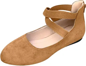 Ballet Flats Shoes for Women with Strap Comfortable Criss-Cross Elastic Ankle Straps Flats Shoes Round Toe Slip on Dress Flat Shoes