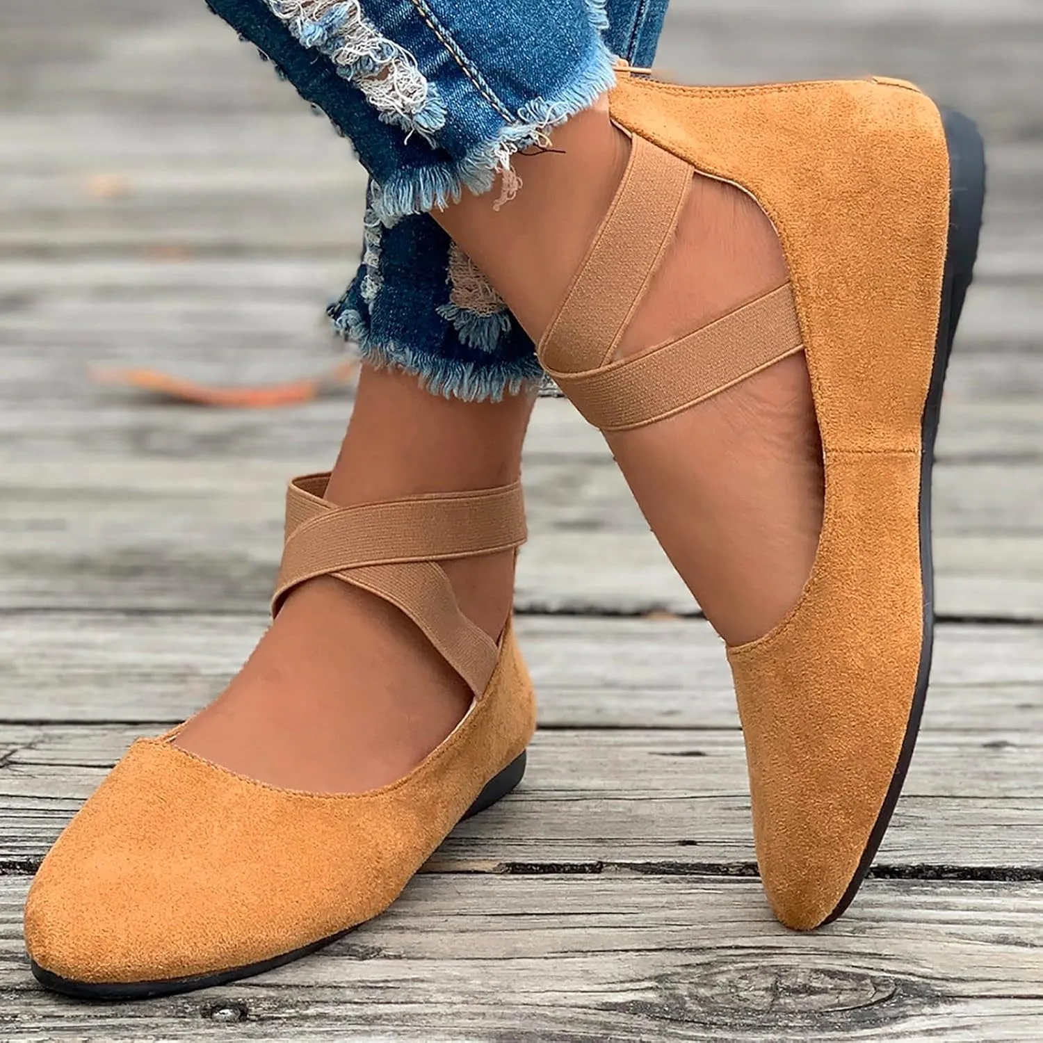 Ballet Flats Shoes for Women with Strap Comfortable Criss-Cross Elastic Ankle Straps Flats Shoes Round Toe Slip on Dress Flat Shoes