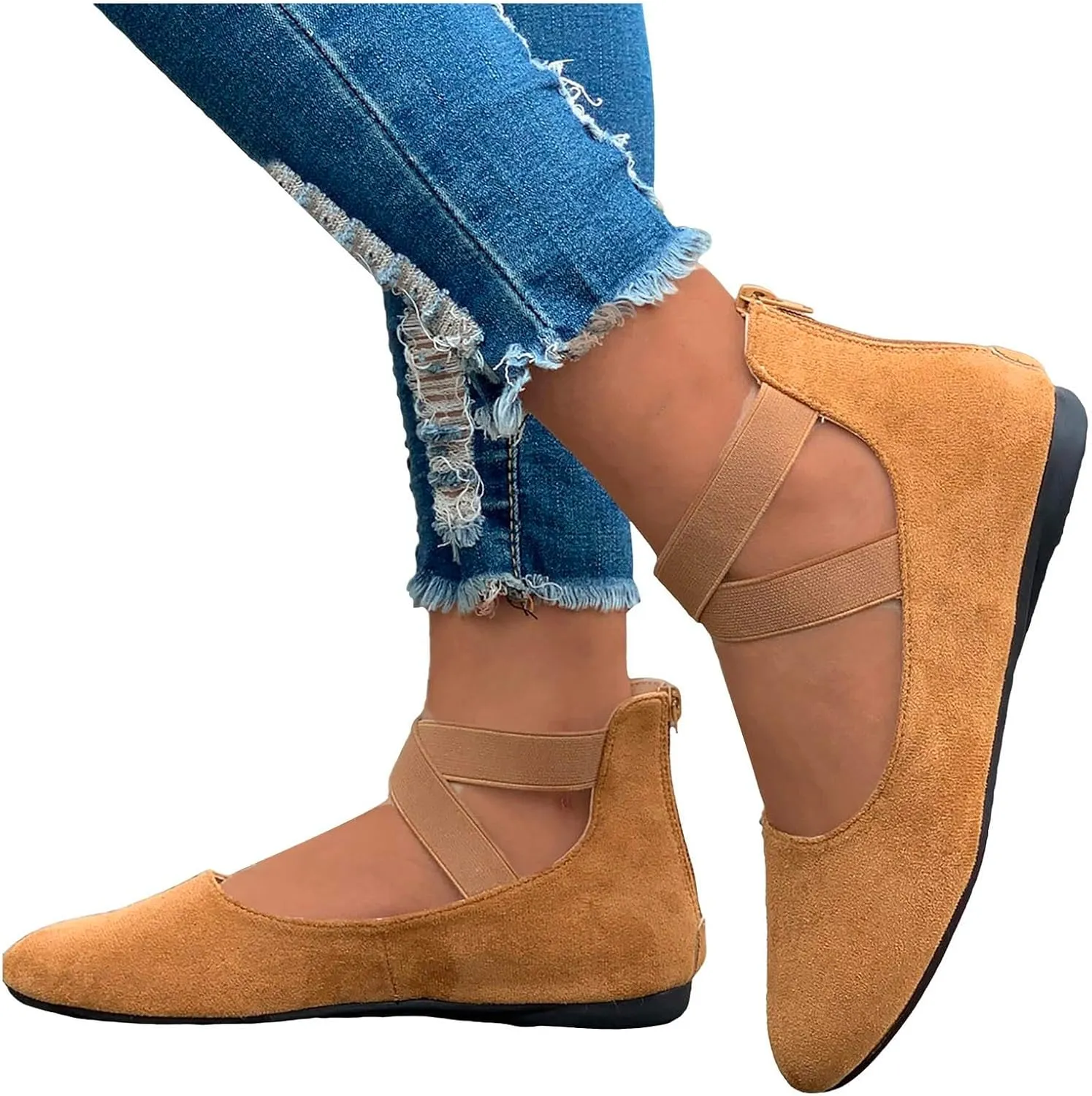 Ballet Flats Shoes for Women with Strap Comfortable Criss-Cross Elastic Ankle Straps Flats Shoes Round Toe Slip on Dress Flat Shoes