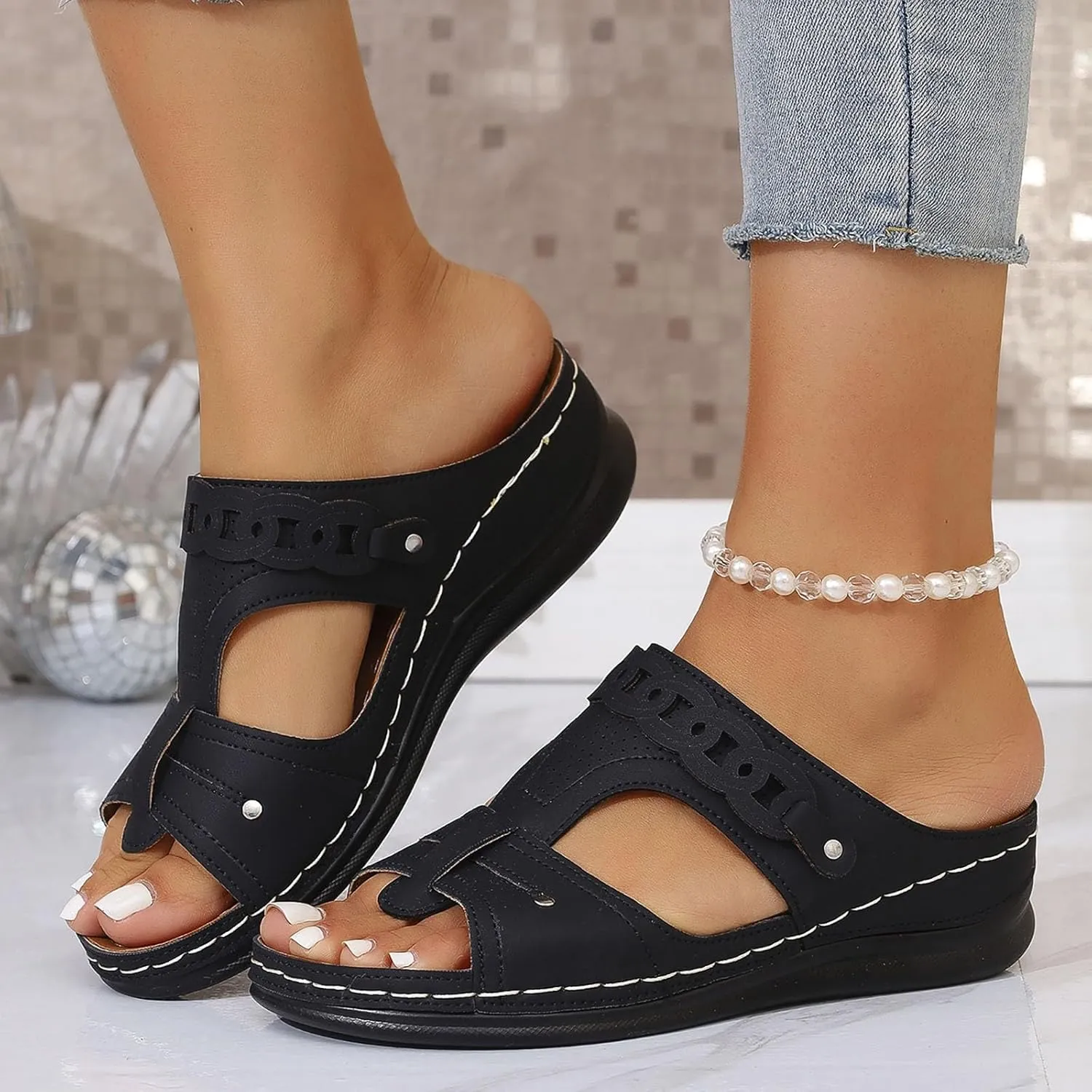 BILIKEYU Womens Wedge Platform Slides Sandals Open Toe Cutouts T Strap Comfortable Summer Casual Walking Slip on Sandals